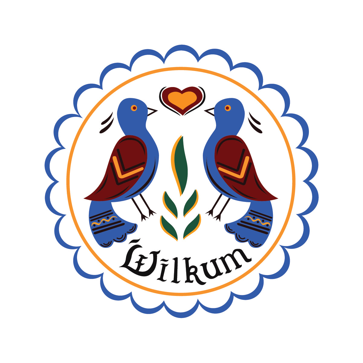 Round emblem with 2 birds and a heart